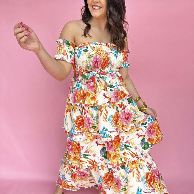 model wearing floral dress