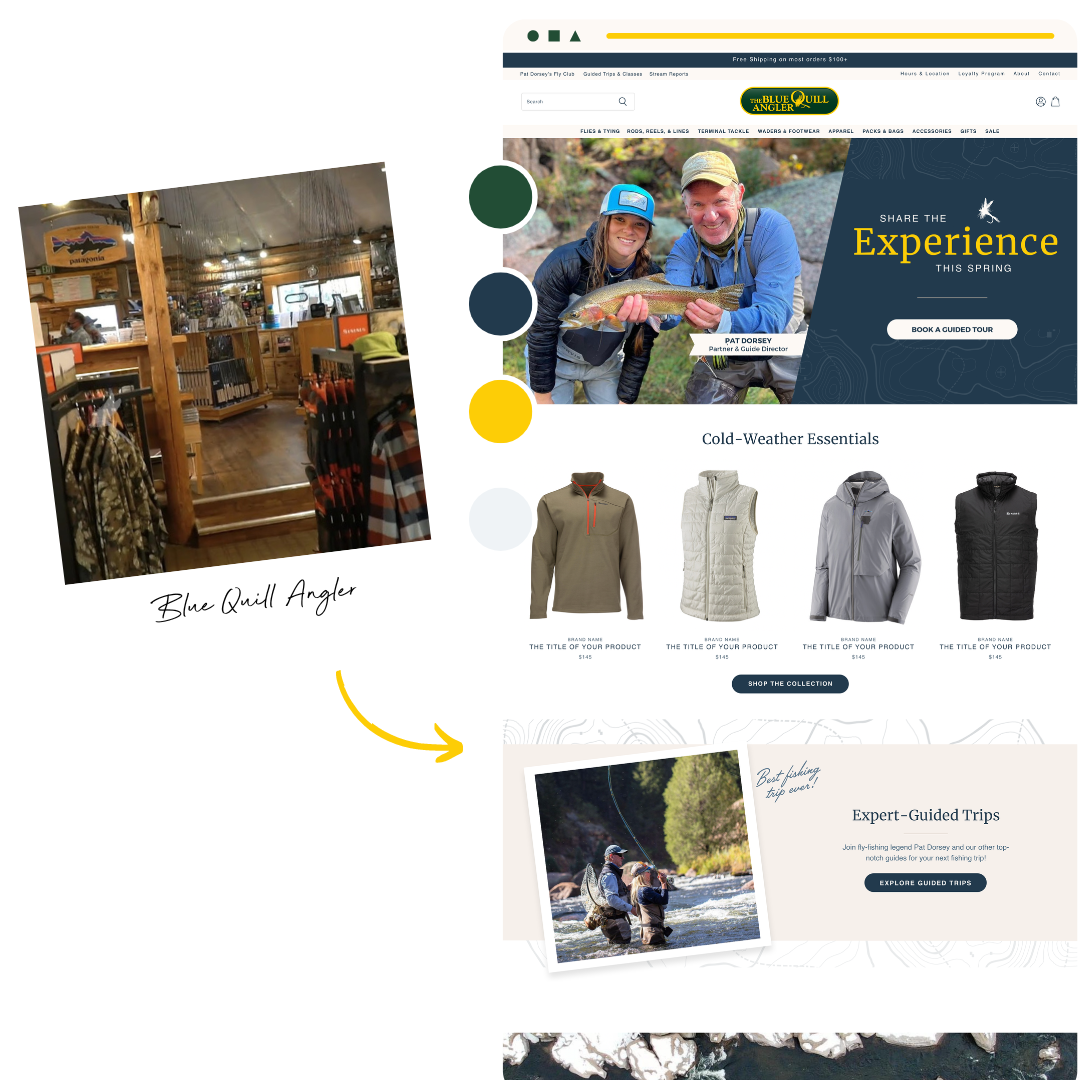 mockup of blue quill site with photo of their store